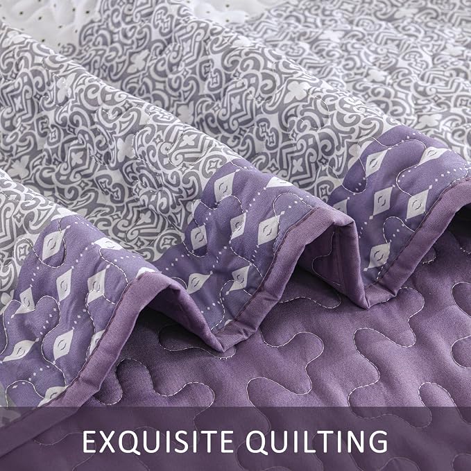WONGS BEDDING Purple Queen Quilt Bedding Set, Bohemian Stripe Bedspread | - Image 7