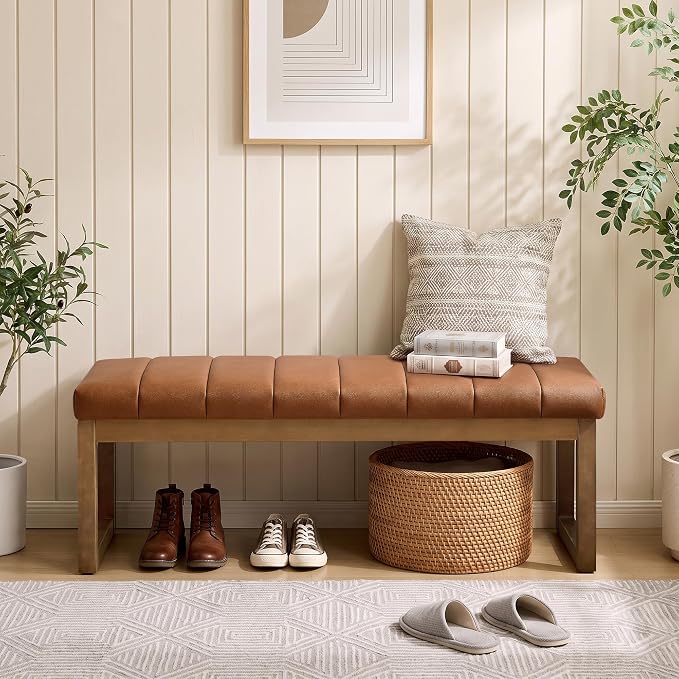 52.7" Bedroom Bench for End of Bed, Faux Leather Entryway Bench | Modern - Image 8