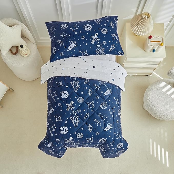 DuShow Navy Blue Toddler Bedding Set for Boys,4 Pieces Space Crib Bed Sheets Set,Soft Toddler Comforter Set in a Bag, Includes Quilted Comforter, Flat Top Sheet, Fitted Sheet, Envelope Pillow Case