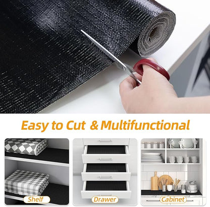 Shelf and Drawer Liner for Kitchen Cabinets Non-Adhesive, Strong Grip Non-Slip Thickened Cabinet Liners for Shelves, Waterproof Mats for Dresser Cupboard, Black, 12 in x 10 Feet