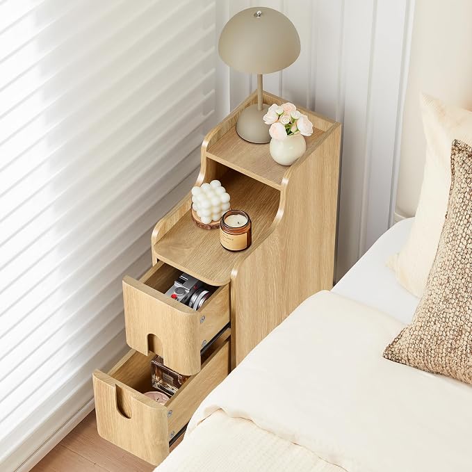Narrow End Table Living Room, Wooden Small 2 Drawer Nightstand Bedroom - Image 3