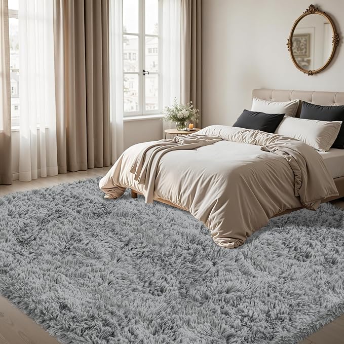 4x6 Area Rug for Living Room, Light Gray Fluffy Shag Non-Slip Bedroom Rugs | - Image 2