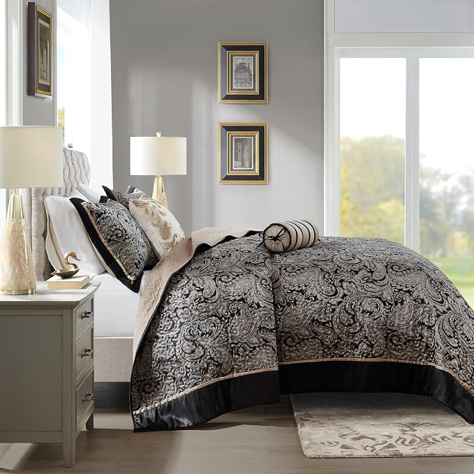 Madison Park Reversible Jacquard Quilted Queen Bedspread Set Black, All-Season - Image 3
