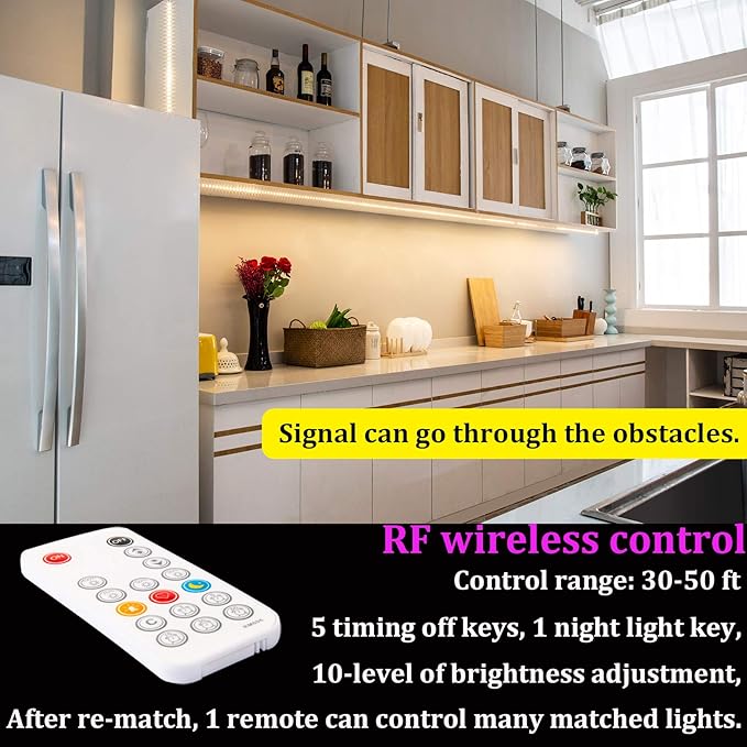 WOBANE Warm White LED Strip, Dimmable LED Light Strips with RF Remote and ETL Listed Adapter, 16.4ft Flexible Tape Lights for Kitchen,Under Cabinet,Bedroom, 3000K,300 LEDs Rope Light