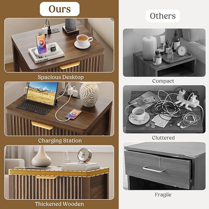 Night Stand Set 2, Fluted Wood Nightstands w/Charging Station - Image 6