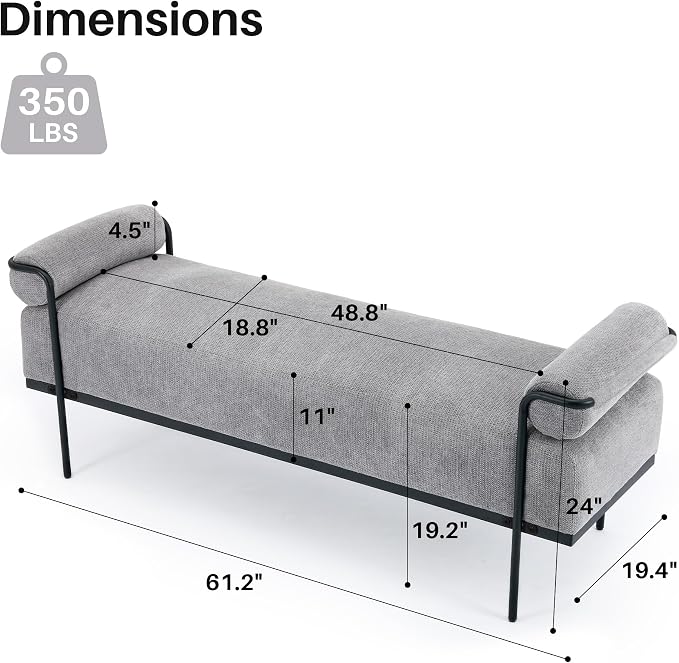 SOFTHION 61.2" End of Bed Bench, Chenille Upholstered Entryway Bench, Footrest - Image 2