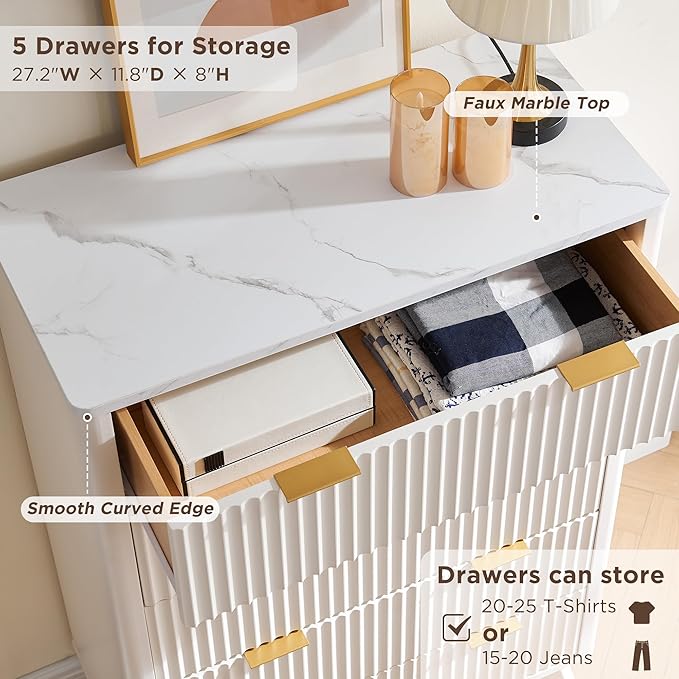 T4TREAM Fluted 5 Drawers Dresser, 48" Tall Modern Chest of Drawers with Faux Marble Top, Curved Profile Design, Wood Drawer Organizer for Bedroom, Living Room, Hallway, Entryway, Solid White