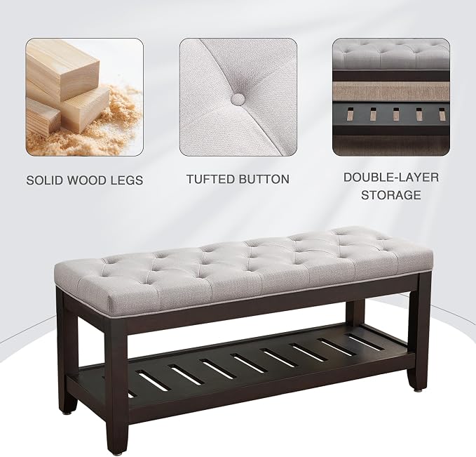 LOULENS 44'' Linen Storage Bench, Upholstered End of Bed Bench, Light Grey | - Image 7