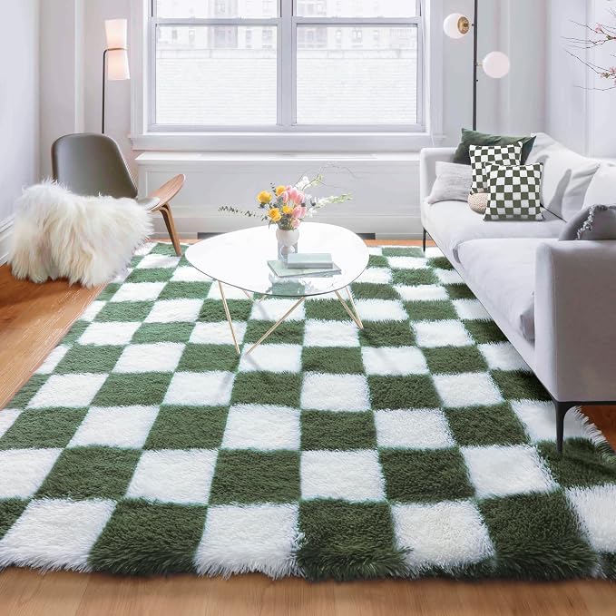 KICMOR Rugs for Living Room 5x8 Olive Green and White, Large Fluffy Soft Plush by KICMOR