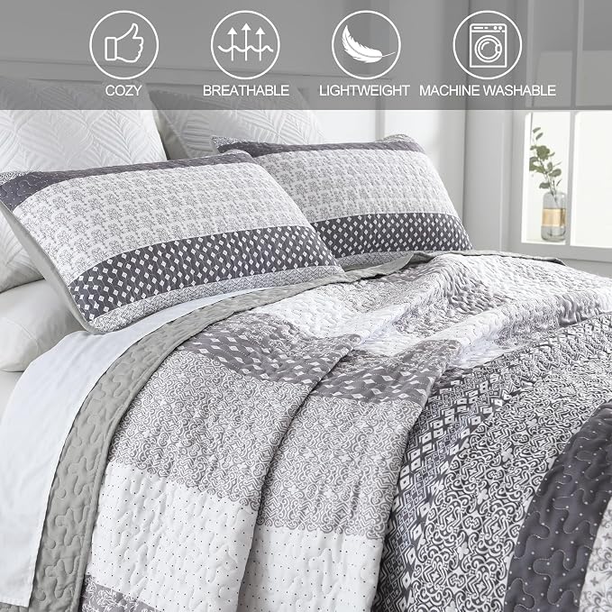 WONGS BEDDING Grey Queen Size Quilt Set, Boho Striped Patchwork Bedspread | 3 - Image 5