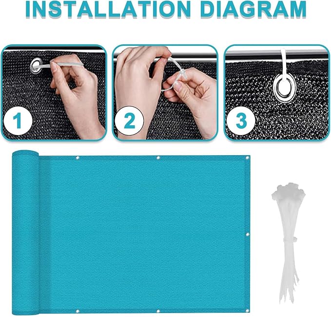 LOVE STORY 3' x 10' Balcony Privacy Screen Cover, Turquoise Blue | HDPE Fabric - Image 3
