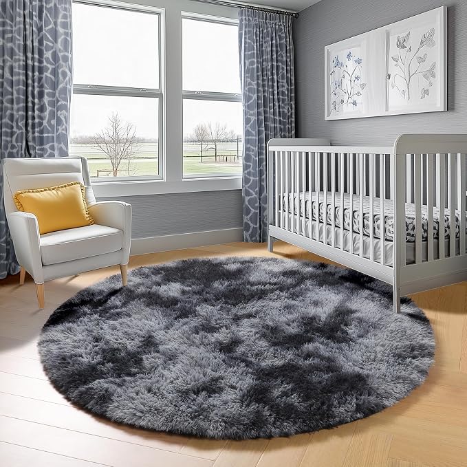 Round Rugs 6ft for Living Room Bedroom, Tie-Dyed Dark Grey Fluffy Circle Area - Image 7