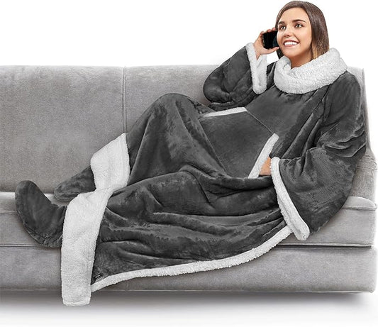 PAVILIA Sherpa Blanket with Sleeves, Foot Pocket for Women Men Adults, Thick Wearable Blanket Throw Wrap, Fleece Warm Snuggle Blanket Robe, Cozy Gift Ideas Wife Mom, Dark Gray