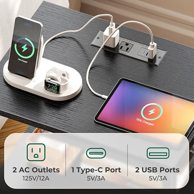Huuger Night Stand with Charger Station and LED Lights, 2 Drawer Nightstand | - Image 6