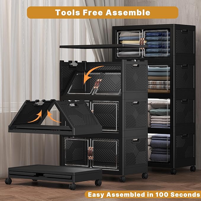 Extra Large Stackable Storage Bins with Lids & Wheels, Foldable Plastic Storage Bins (Dark, 440QT-55QT/30GAL*8Pack)