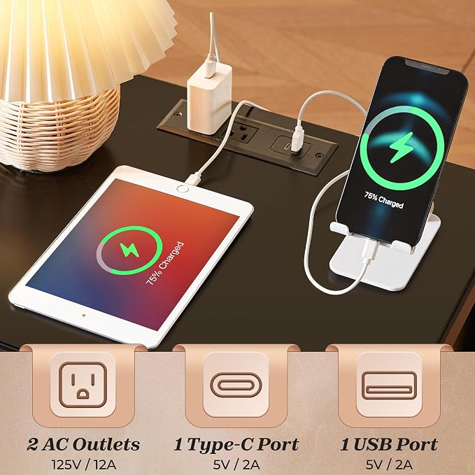 Huuger Nightstand with Charging Station, Bedside Table with Storage, Modern - Image 3