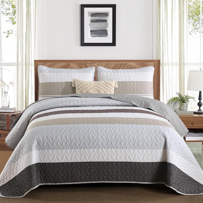 Dinjoy California King Striped Quilt Set, Breathable All-Season, 3-Piece Set by DINJOY