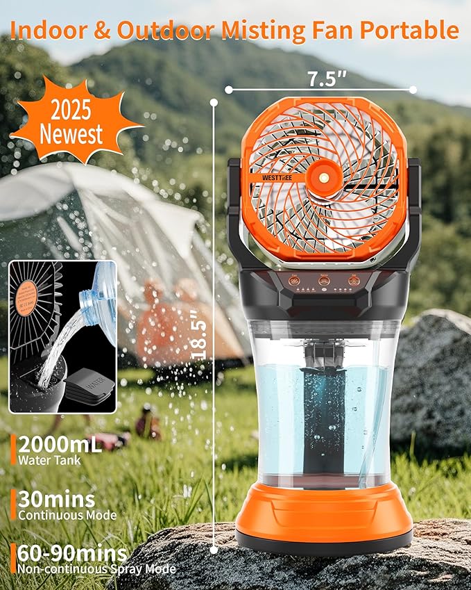 WESTTREE Portable Misting Fan with Large Battery Fan-Rechargeable Outdoor Misting Cooling Fans with 2L Water Tank,RGB Lights,4 Speeds & Spray Modes-for Patio, Camping, Beach, Workshop (X65 Orange)