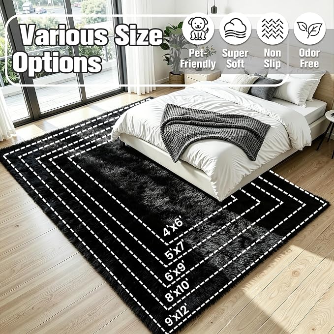 6x9 Fluffy Area Rug for Living Room: Soft Non-Slip Black Bedroom Carpet | Ultra - Image 8