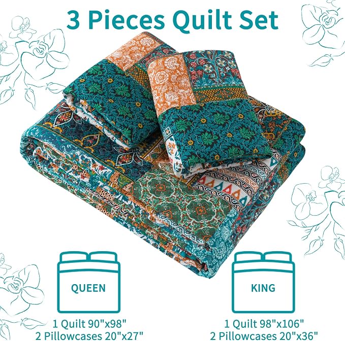 VAPUTAR 100% Cotton Face King Quilt Size, Floral Patchwork King Bedspread | - Image 6
