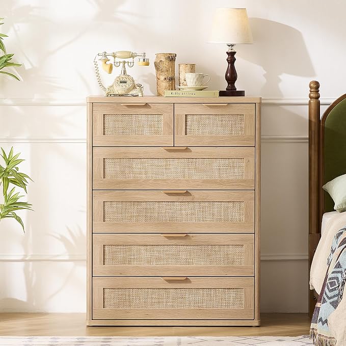 LEYAOYAO Rattan Dresser for Bedroom Set 2, Oak Modern 6 Drawers Boho Dressers - Image 6