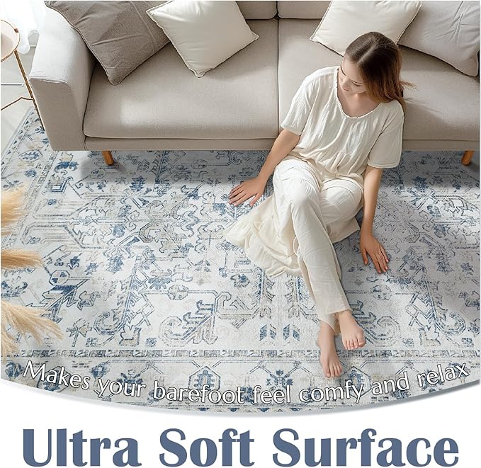 jinchan Lima 2x3 Washable Rug for Entryway - Vintage Floral Ultra-Thin Low Pile Soft Small Non Slip Distressed Indoor Door mat Accent Area Rug for Entrance Kitchen Bathroom Bedroom (2x3ft, Blue)