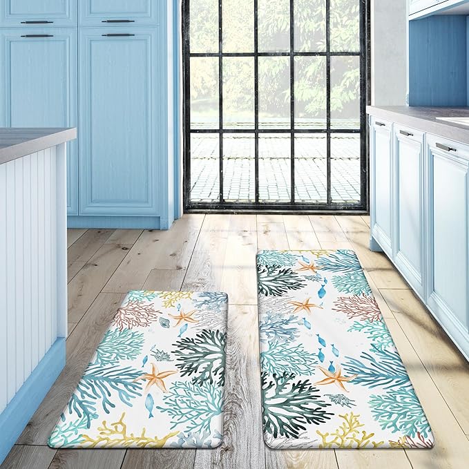 Kitchen Mats for Floor Cushioned Anti Fatigue Sets of 2 Coastal Kitchen Rugs Non Slip Waterproof Nautical Foam Kitchen Floor Rug Beach Theme Coral Fish Comfort Standing Mat for Sink Laundry, Teal