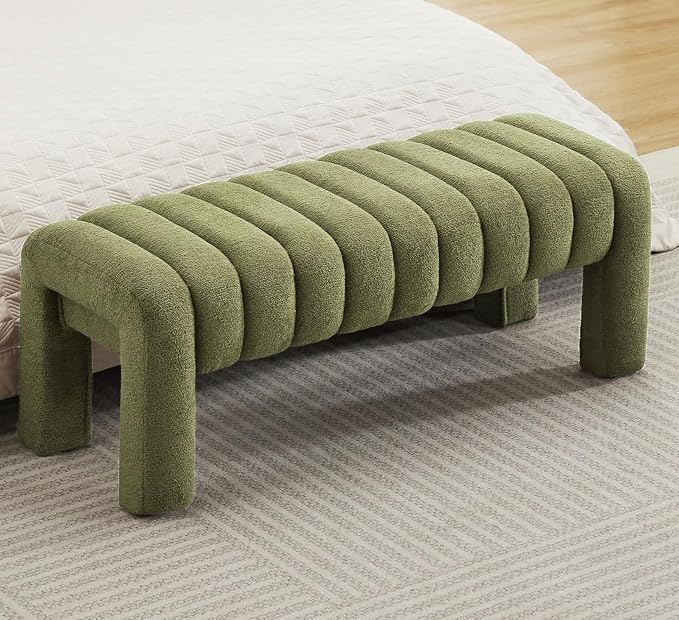 43" Boucle Bed Bench, Linen Green | Upholstered Channel Tufted, Accent Window - Image 5