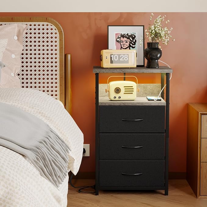 Fixwal Night Stand with 3 Fabric Drawers, Nightstand with Charging Station | - Image 7