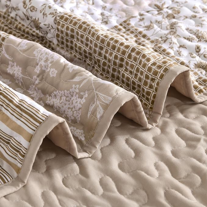 Mybedsoul Beige Boho Quilt Set King Size, 3 Pieces Plaid Floral Bedspread Set - Image 7