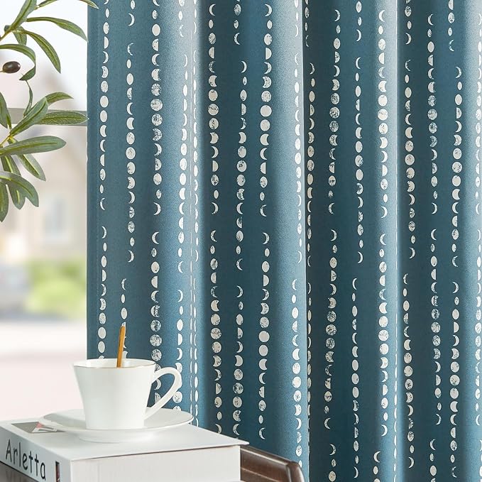 jinchan Boho Blackout Curtains 84 Inches Long Moon Phase Printed Drapes | Blue by JINCHAN