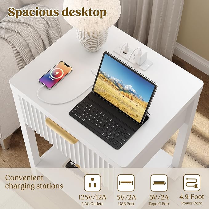Night Stand Set 1, Fluted Wood Bedside Table w/Socket Station - Image 8