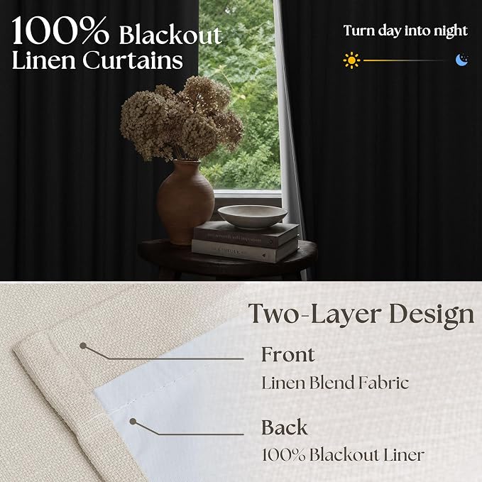100 Inch Blackout Linen Curtains Pinch Pleated Back Tab Dual Layer W40xL100 | - Image 3