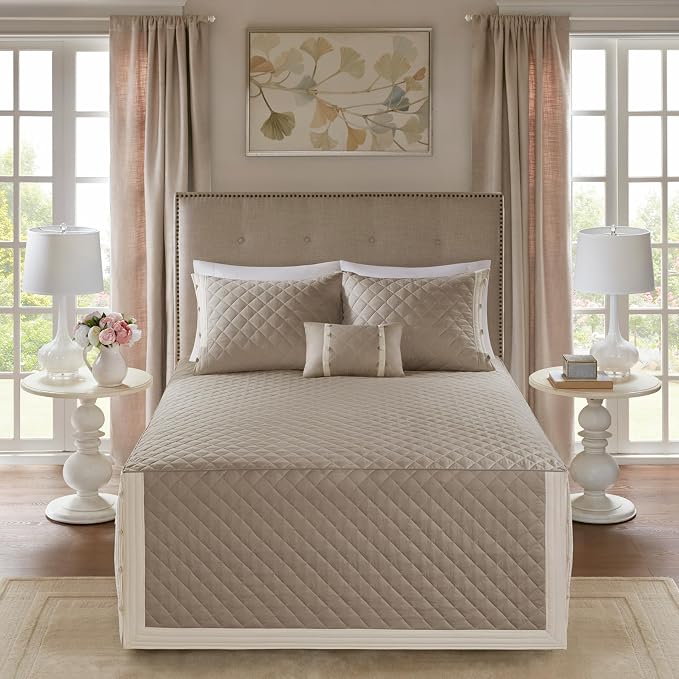 Madison Park Cotton Traditional Diamond Quilted Khaki Queen Quilt Set, Machine - Image 2