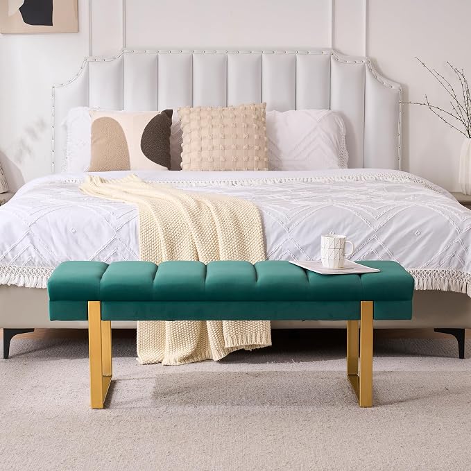 46" Velvet Green Bench with Gold Legs - Image 4