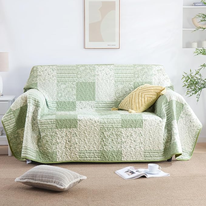 Mybedsoul Light Green Quilt Set Twin Size Dorm Bedding, 2 Pieces Plaid Floral - Image 4