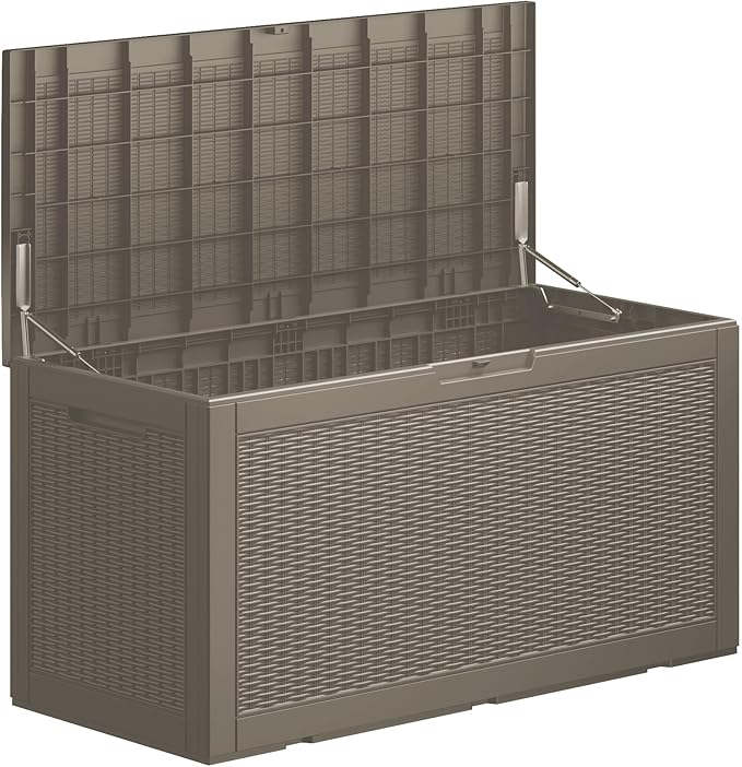100 Gallon Lockable Resin Deck Box, Waterproof Outdoor Storage Box for Patio Furniture, Garden Tools, Pool Accessories, UV-Resistant Outside Delivery Grey