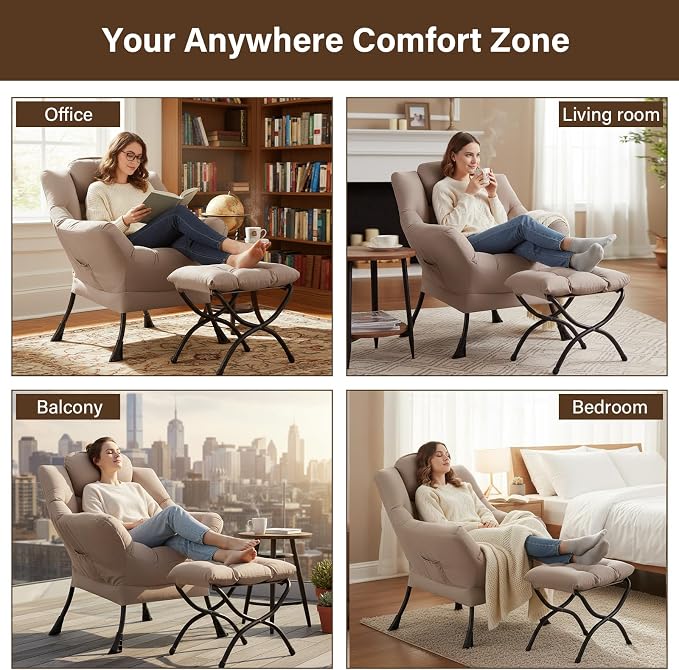 Welnow Lazy Chair with Ottoman, Reading Chair with Footrest，Khaki | A Side - Image 7
