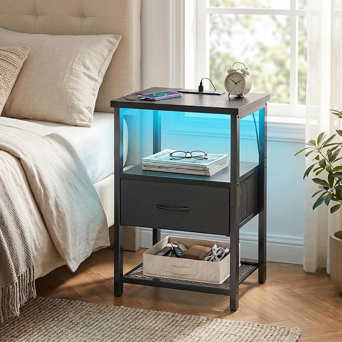 Fixwal Night Stand with Charging Station, 1 Drawer | fabric drawer, built-in - Image 2