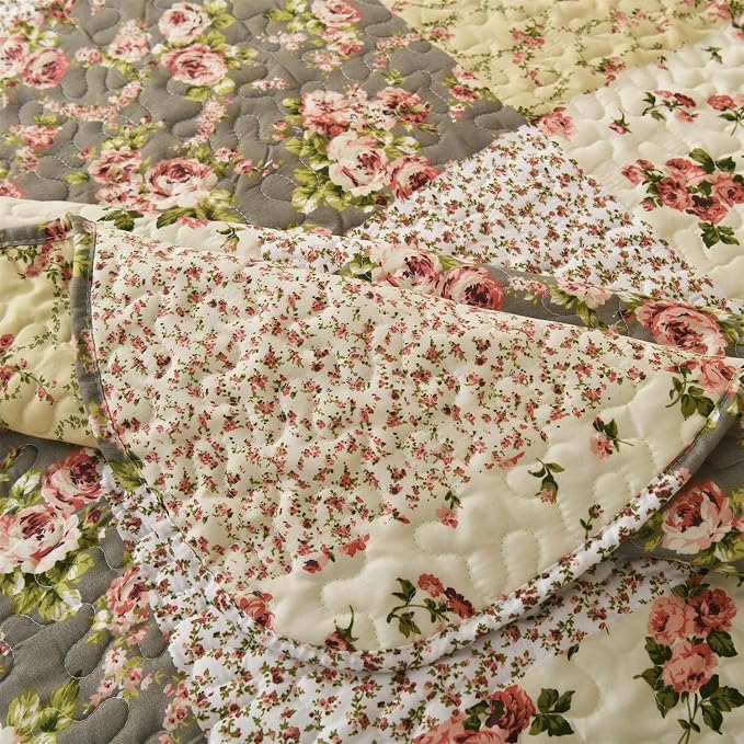 Summer Floral Queen Quilted Bedspread, Romantic Beige Quilt Set, Reversible - Image 7