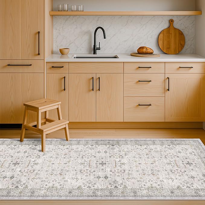 Washable 2x7 Runner Rug for Bathroom, Vintage Boho Light Gray & Sage Runner Rug - Image 3