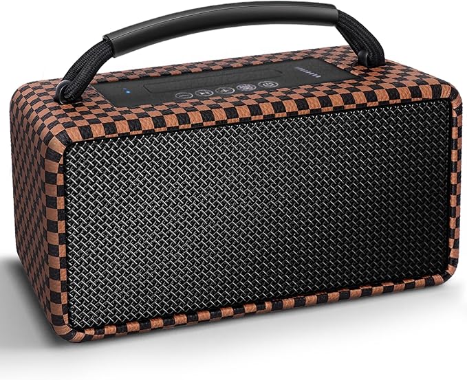 DINDIN Portable Bluetooth Speaker： 80W (Peak), 20H Playtime, Wireless Big Wood Boombox with Deep Bass, Subwoofer, TWS, Large, Loud Speaker for Party, Outdoor, Backyard, Beach, Home,Gift（Black+Brown）