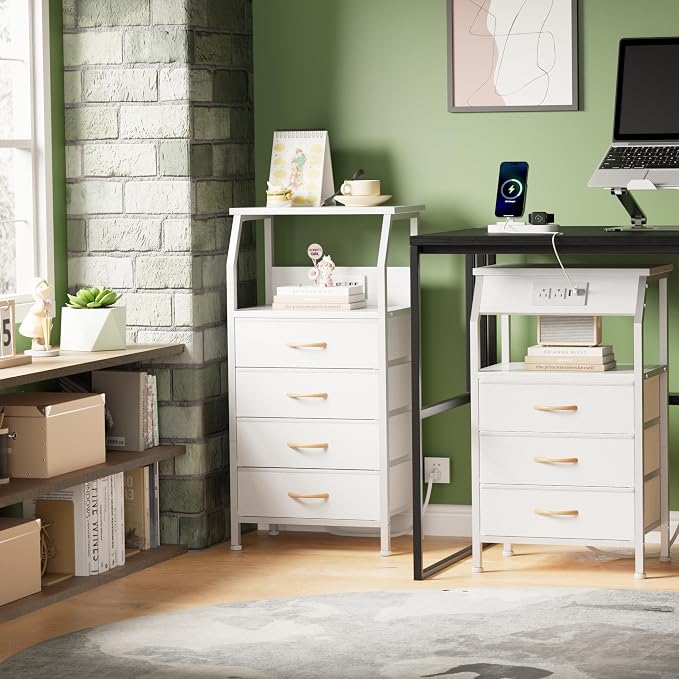 White Nightstand with Charging Station, 4 Drawers Bedside Table | 33.3 Inch - Image 5