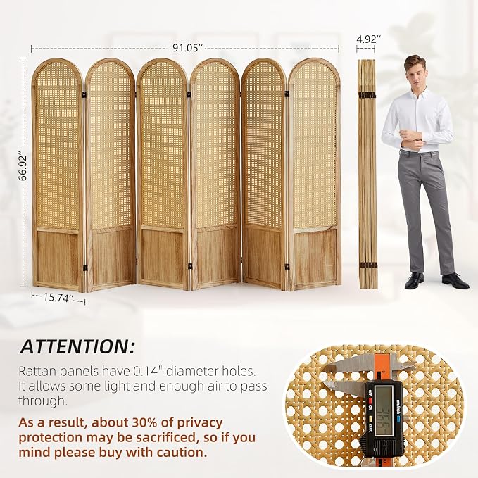6 Panel Rattan Room Divider Screen, Boho Folding Privacy Screen | Decorative - Image 4