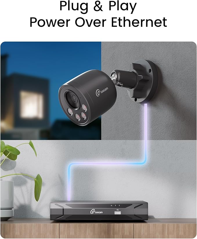 Loocam PoE Security Camera System 8MP 8CH NVR H.265+ 2TB HDD, 4pcs 4K Wired PoE Camera System AI Human Vehicle Detection, Outdoor Indoor Home Security Camera System 24/7 Recording, Remote Access