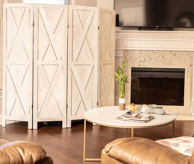 Premium Home 6-Panel Room Divider – Rustic White Barn Door, X Pattern Folding - Image 3