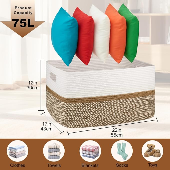 OIAHOMY Blanket Basket Laundry Basket Dog Toy Basket 75L Yellow/White | Large - Image 3