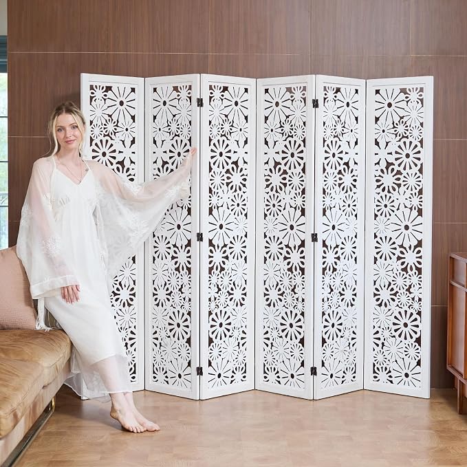 Folding Wood Room Divider Panel, 67 Inch Tall Daisy-Carved Privacy Screen - Image 7