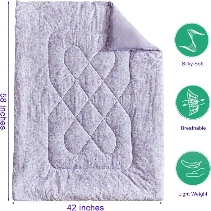 JHXHMX Floral Toddler Bedding Set for Girls,4 Piece Bed-in-a-Bag Toddler Comforter Set,Soft Crib Bed Set Including Comforter,Flat Sheet,Fitted Sheet and Pillowcase-Purple