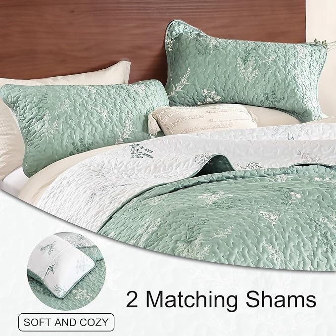 DJY King Size Sage Green Botanical Quilt Set, Floral Bedspread Coverlet | - Image 5